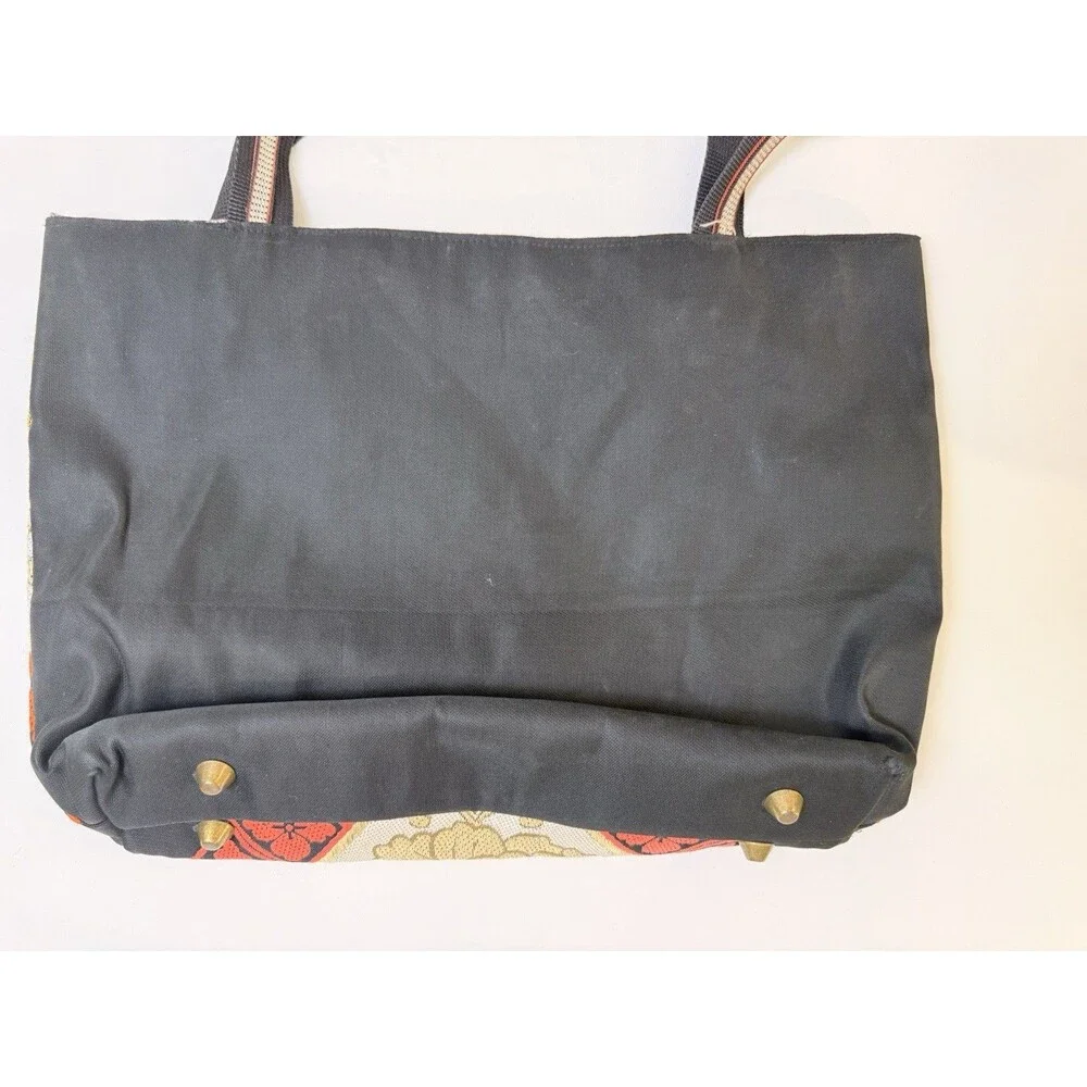 Vintage Silk Tote Bag Purse Japan Black Gold Floral One of a Kind VTG